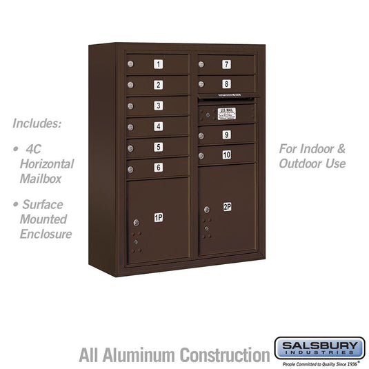 Salsbury 10 Door High 4C Horizontal Mailbox with 10 Doors and 2 Parcel Lockers with USPS Access - Front Loading