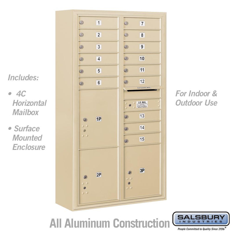 Load image into Gallery viewer, Salsbury Maximum Height 4C Horizontal Mailbox with 15 Doors and 3 Parcel Lockers with USPS Access - Front Loading (SHIPS IN 2-4 WEEKS)