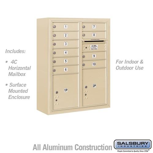 Salsbury 10 Door High 4C Horizontal Mailbox with 10 Doors and 2 Parcel Lockers with USPS Access - Front Loading