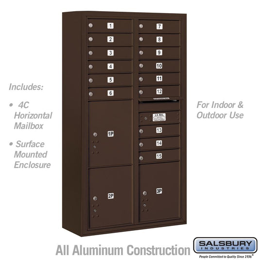 Salsbury Maximum Height 4C Horizontal Mailbox with 15 Doors and 3 Parcel Lockers with USPS Access - Front Loading (SHIPS IN 2-4 WEEKS)